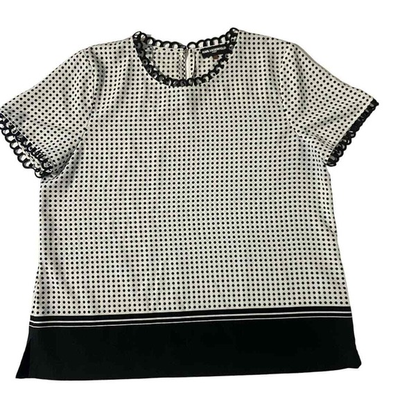 Karl Lagerfeld Paris Black White Blouse Scoop Decorative Neck XL Old Money Fancy - Picture 1 of 10